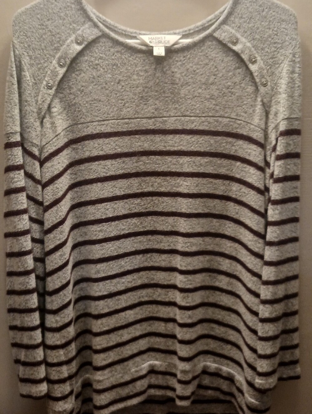 Market & Spruce Light Gray Sweater with Dark Brown Stripes and Shoulder Buttons